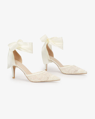 Ivory Lace Heels with Wrapped Satin Ankle Tie For Brides