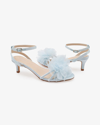Light Blue satin strappy sandals with kitten heels and organza flower details 