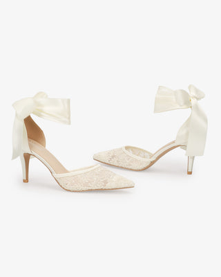 Ivory Lace Heels with Wrapped Satin Ankle Tie For Brides