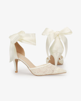Ivory Lace Heels with Wrapped Satin Ankle Tie For Brides