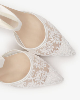 White Lace Heels with Wrapped Satin Ankle Tie For Brides