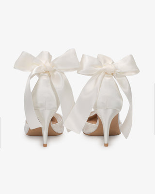 White Lace Heels with Wrapped Satin Ankle Tie For Brides
