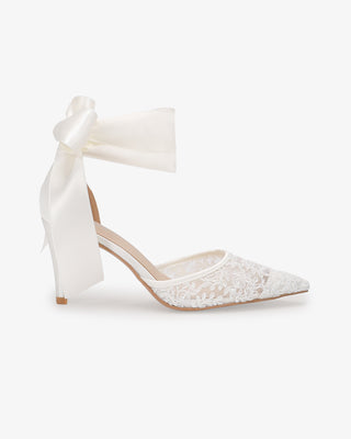 White Lace Heels with Wrapped Satin Ankle Tie For Brides