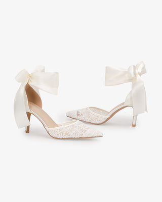 White Lace Heels with Wrapped Satin Ankle Tie For Brides