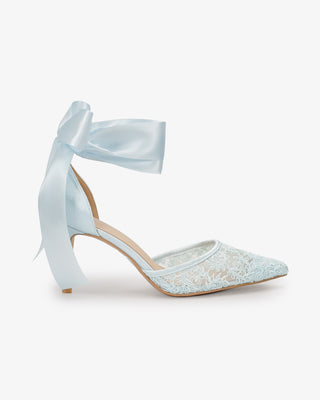 Light Blue Lace Heels with Wrapped Satin Ankle Tie For Brides