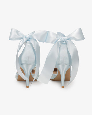 Light Blue Lace Heels with Wrapped Satin Ankle Tie For Brides