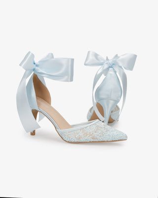 Light Blue Lace Heels with Wrapped Satin Ankle Tie For Brides