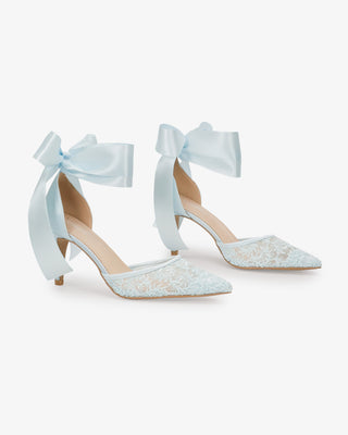 Light Blue Lace Heels with Wrapped Satin Ankle Tie For Brides
