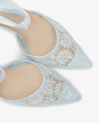 Light Blue Lace Heels with Wrapped Satin Ankle Tie For Brides