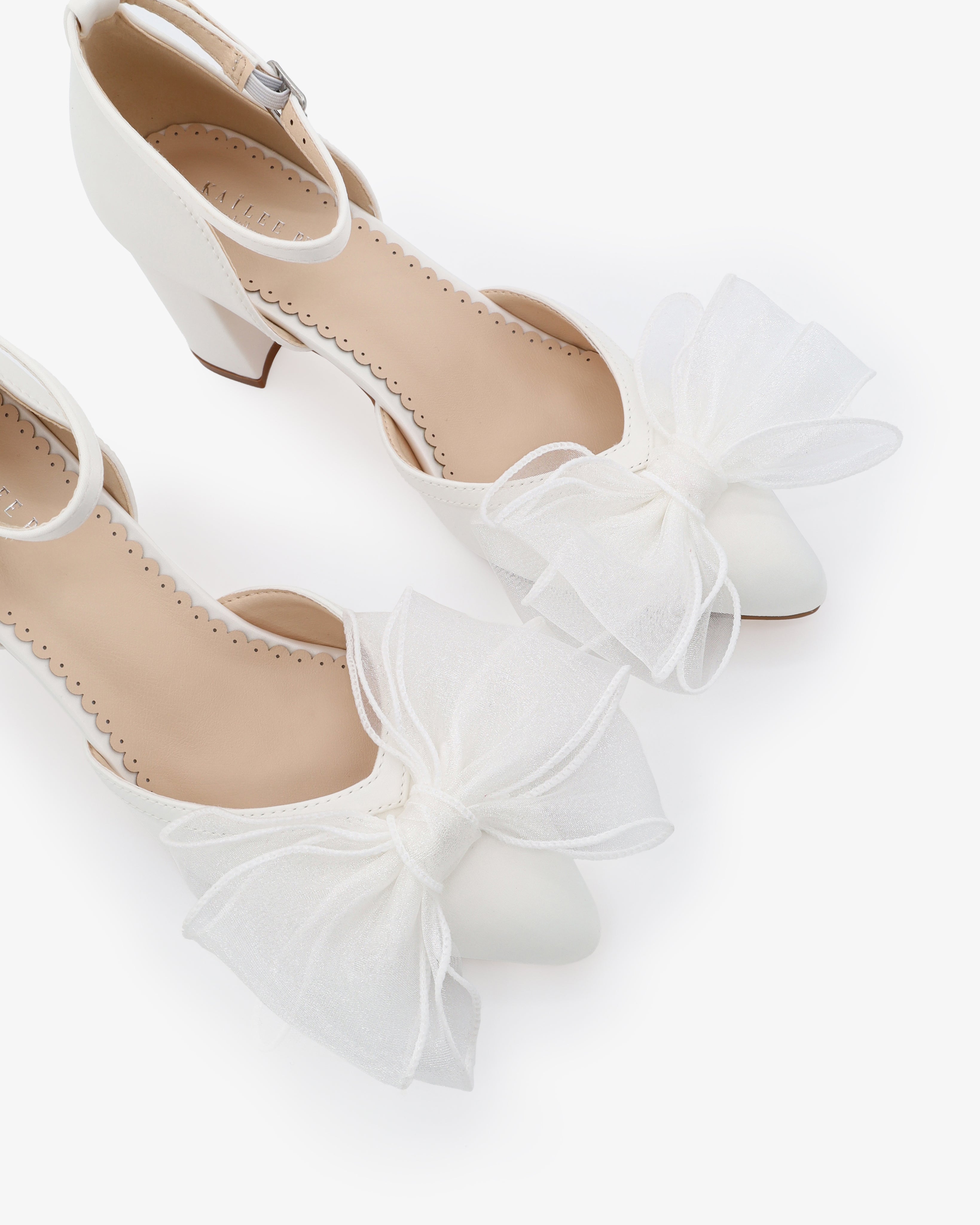 Bow Strappy Bridal Heels Block Heels Strappy Bow Heels Champagne Satin Platform Block Heel