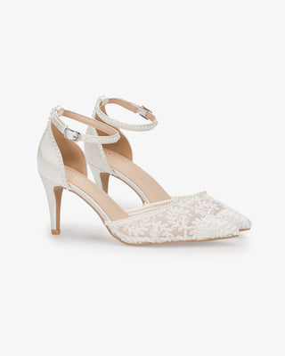 White Lace Bridal Heels with Mini Pearls