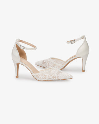 White Lace Bridal Heels with Mini Pearls