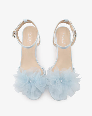 Light Blue satin strappy sandals with kitten heels and organza flower details 