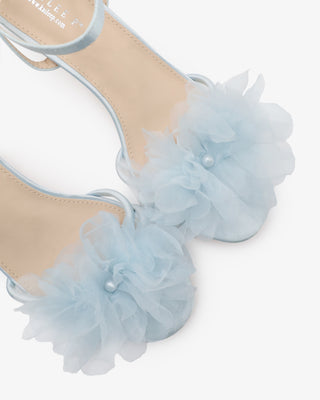 Light Blue satin strappy sandals with kitten heels and organza flower details 