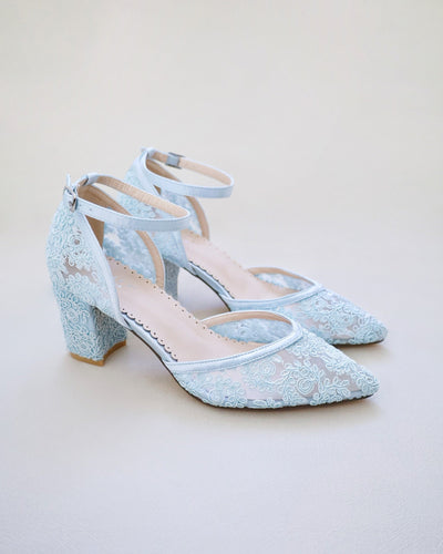 light blue lace wedding block heels