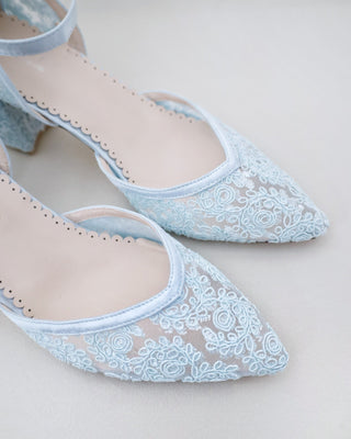 light blue lace wedding block heels