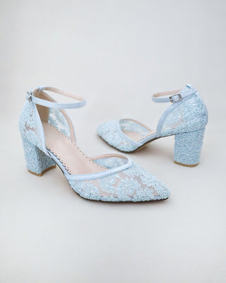 light blue lace wedding block heels