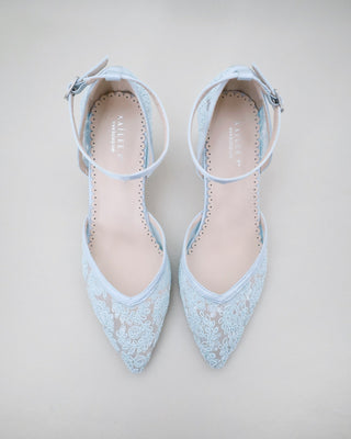 light blue lace wedding block heels