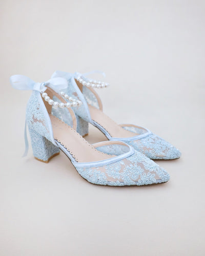 light blue crochet wedding block heels with pearl ankle strap