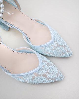 light blue crochet wedding block heels with pearl ankle strap