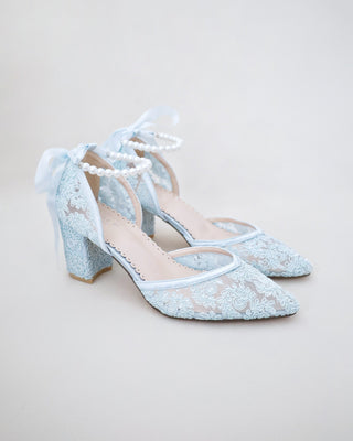 light blue crochet wedding block heels with pearl ankle strap