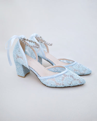 light blue lace wedding block heels with rhinestones strap