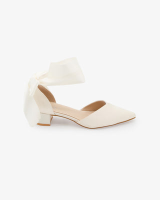 Satin Pointy Toe Low Block Heels Wedding Shoes with Wrapped Ribbon TieWomen Shoes