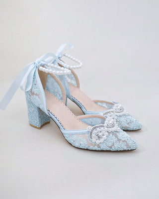 light blue lace block heels with pearl applique