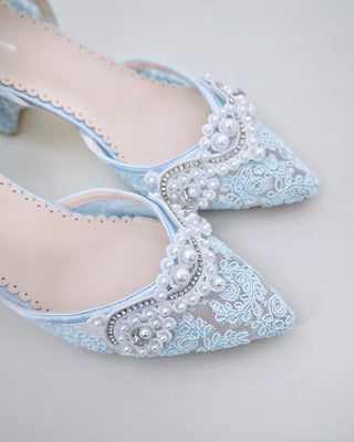 light blue lace block heels with pearl applique