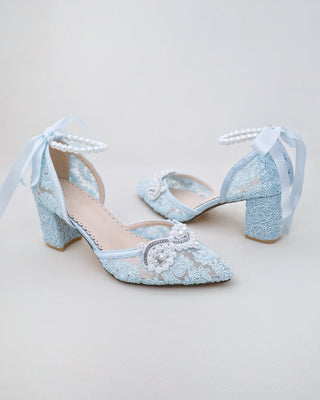 light blue lace block heels with pearl applique