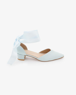 Light Blue Satin Pointy Toe Low Block Heels Wedding Shoes with Wrapped Ribbon Tie