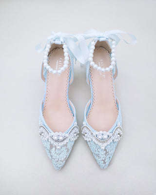 light blue lace block heels with pearl applique
