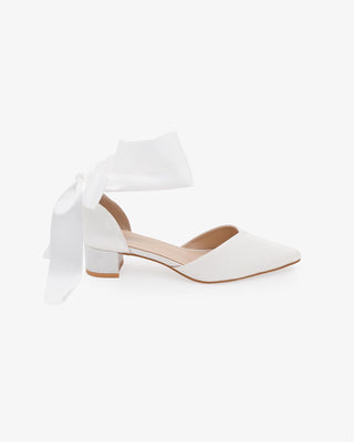 White Satin Pointy Toe Low Block Heels Wedding Shoes with Wrapped Ribbon Tie