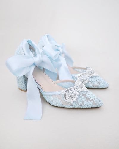 light blue crochet wedding block heels with pearl applique
