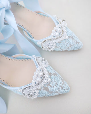 light blue crochet wedding block heels with pearl applique