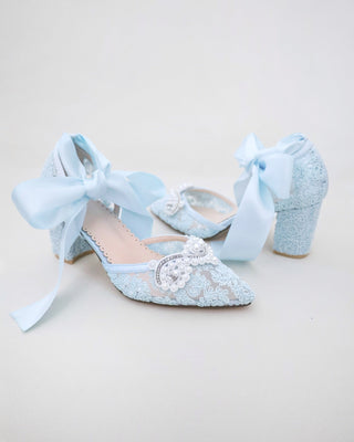 light blue crochet wedding block heels with pearl applique