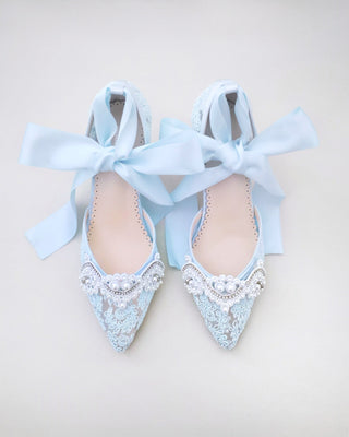 light blue crochet wedding block heels with pearl applique