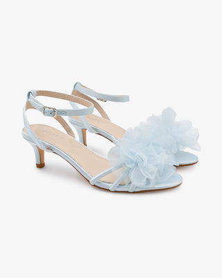 Light Blue satin strappy sandals with kitten heels and organza flower details 