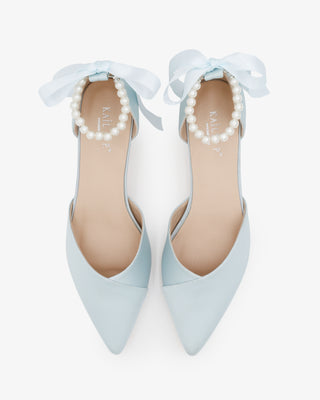 Satin Pointy Toe Low Block Heels Wedding Shoes with All Pearls Ankle StrapWomen Shoes