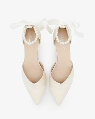 Ivory Satin Pointy Toe Low Block Heels Wedding Shoes with All Pearls Ankle Strap