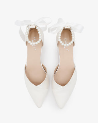 Satin Pointy Toe Low Block Heels Wedding Shoes with All Pearls Ankle StrapWomen Shoes
