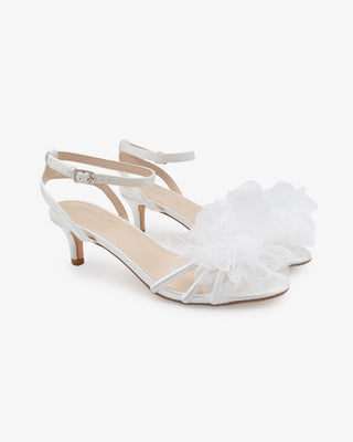 white satin strappy wedding sandals with organza ophelia flowers