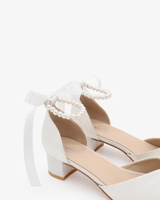 Satin Pointy Toe Low Block Heels Wedding Shoes with All Pearls Ankle StrapWomen Shoes