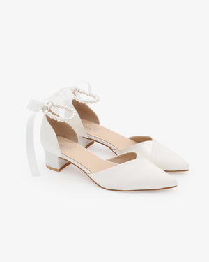 Satin Pointy Toe Low Block Heels Wedding Shoes with All Pearls Ankle Strap