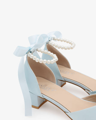Satin Pointy Toe Low Block Heels Wedding Shoes with All Pearls Ankle StrapWomen Shoes