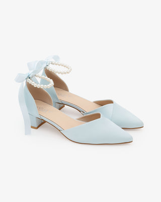 Satin Pointy Toe Low Block Heels Wedding Shoes with All Pearls Ankle StrapWomen Shoes