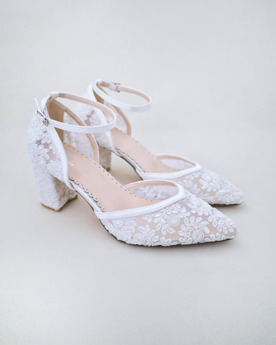 white lace wedding block heels