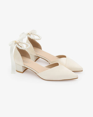 Satin Pointy Toe Low Block Heels Wedding Shoes with All Pearls Ankle Strap