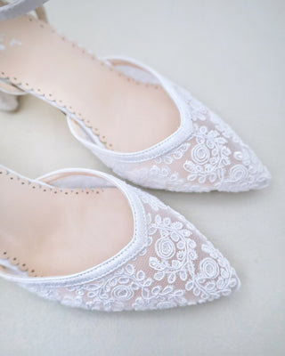 white lace wedding block heels