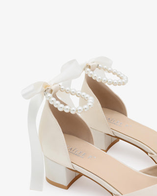 Ivory Satin Pointy Toe Low Block Heels Wedding Shoes with All Pearls Ankle Strap